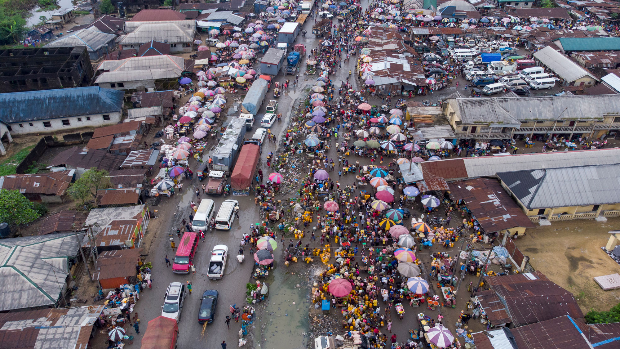A busy market taken from a drone
