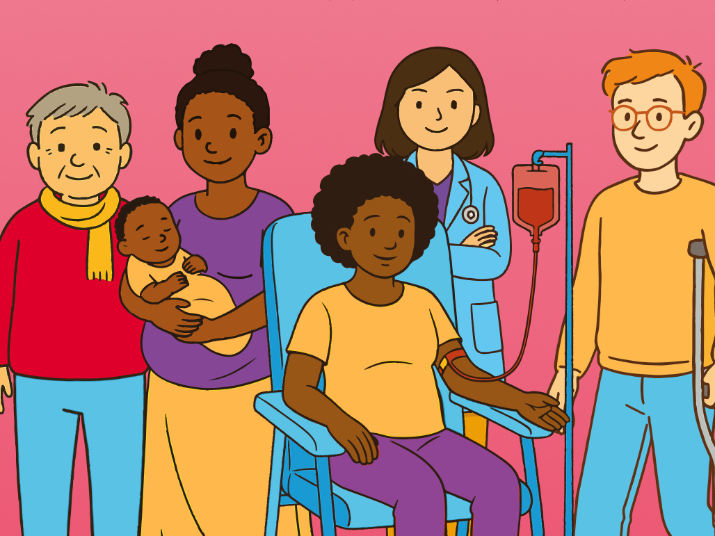 An illustration of a woman giving blood, surrounded by a senior person, a mother and her baby, a health-care professional, and a man with crutches.