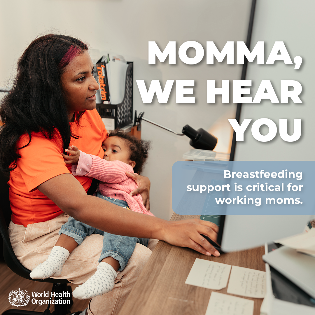 WHO_Breastfeeding Week_SM Card 3 Social media tile reading: "Momma, we hear you"