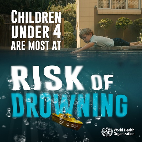 Social media tile reading: "Children under 4 are most at risk of drowning"