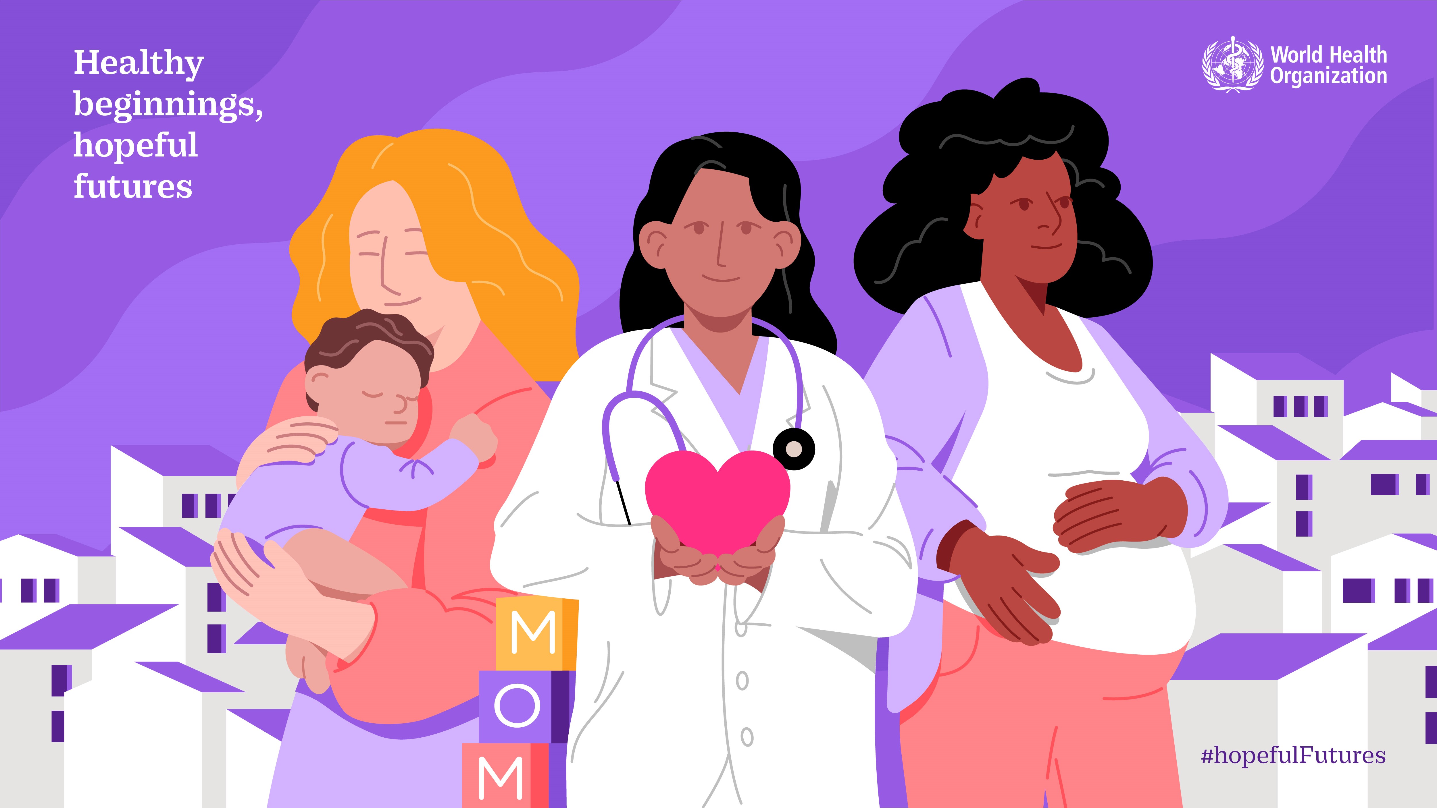 Illustration of three women; a mother with her baby, a doctor and a pregnant lady.