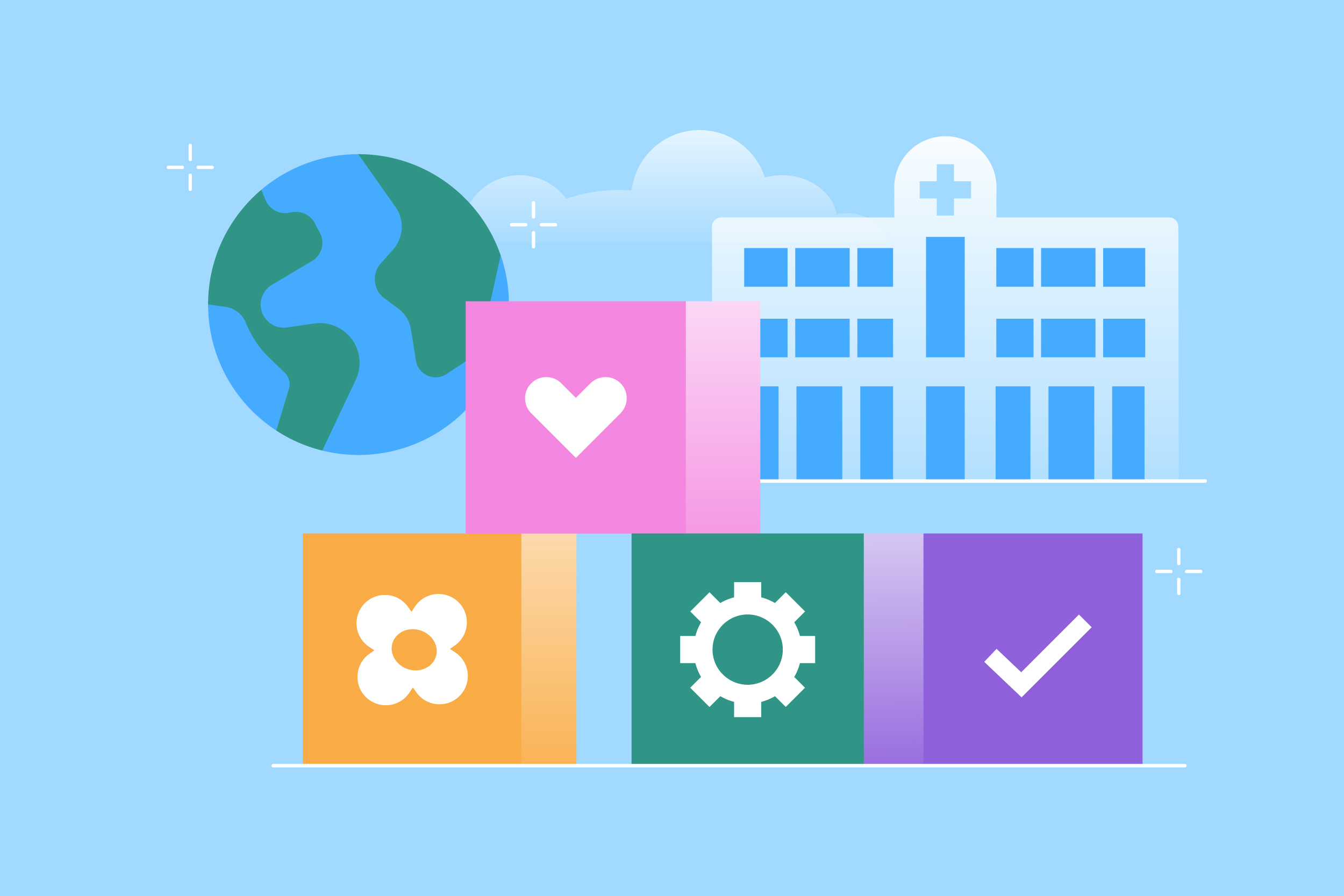 Illustration of play blocks, the earth and a hospital, on a light blue background.