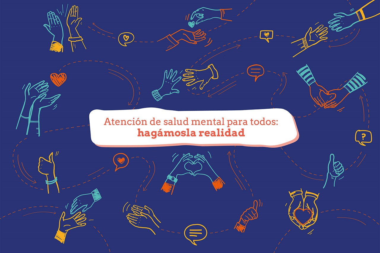 Banner-Quote Illustrated background image of hands and hearts and with the text "Mental health care for all: let's make it a reality".