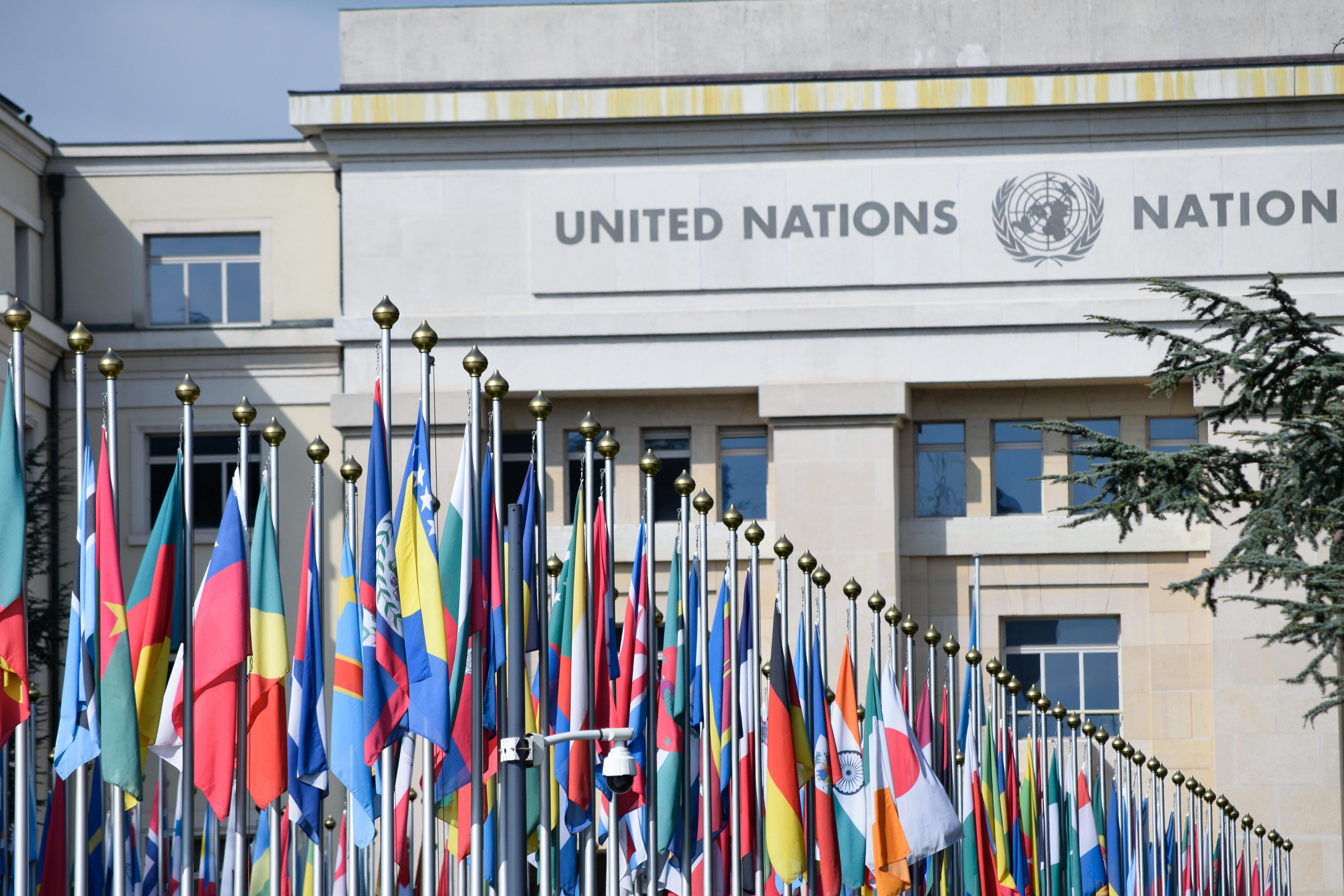 Flags of United Nations Member States at the UN Geneva Office, reinforcing the message that countries can enact national policies and laws that foster social connection.
