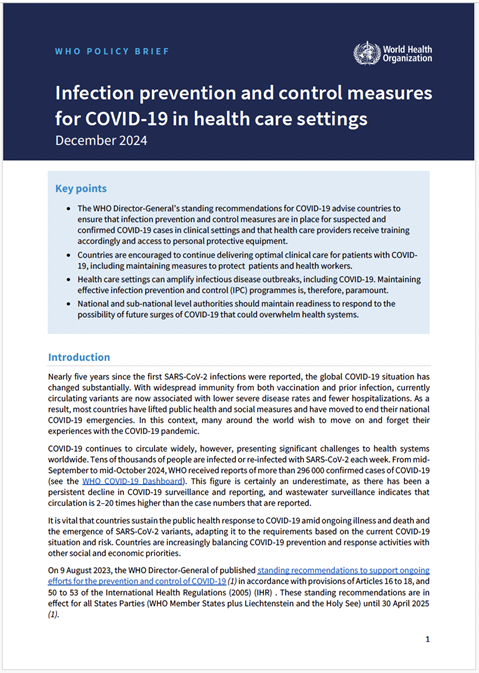 WHO policy brief: Infection prevention and control measures for COVID-19 in health care settings