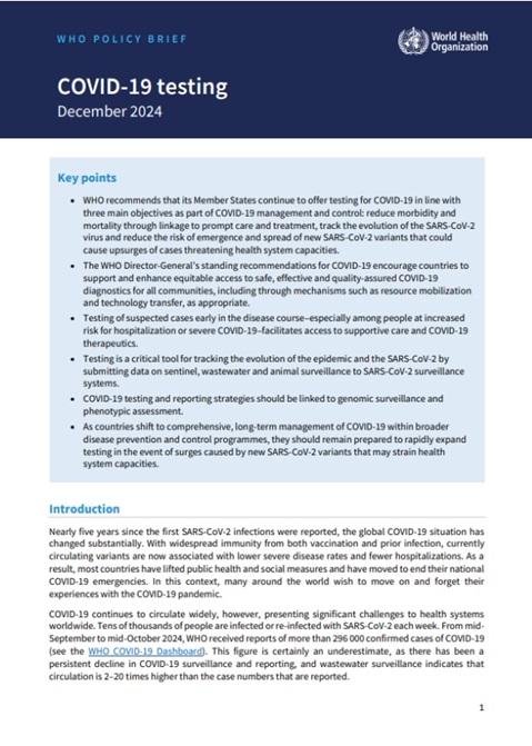 WHO policy brief: COVID-19 testing