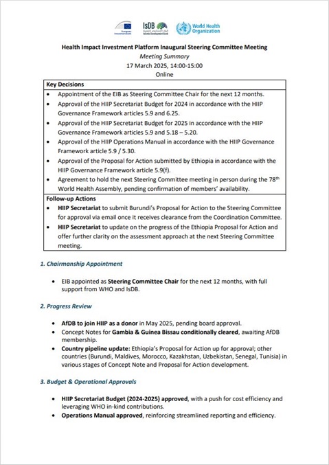 Health Impact Investment Platform: Steering Committee meeting notes
