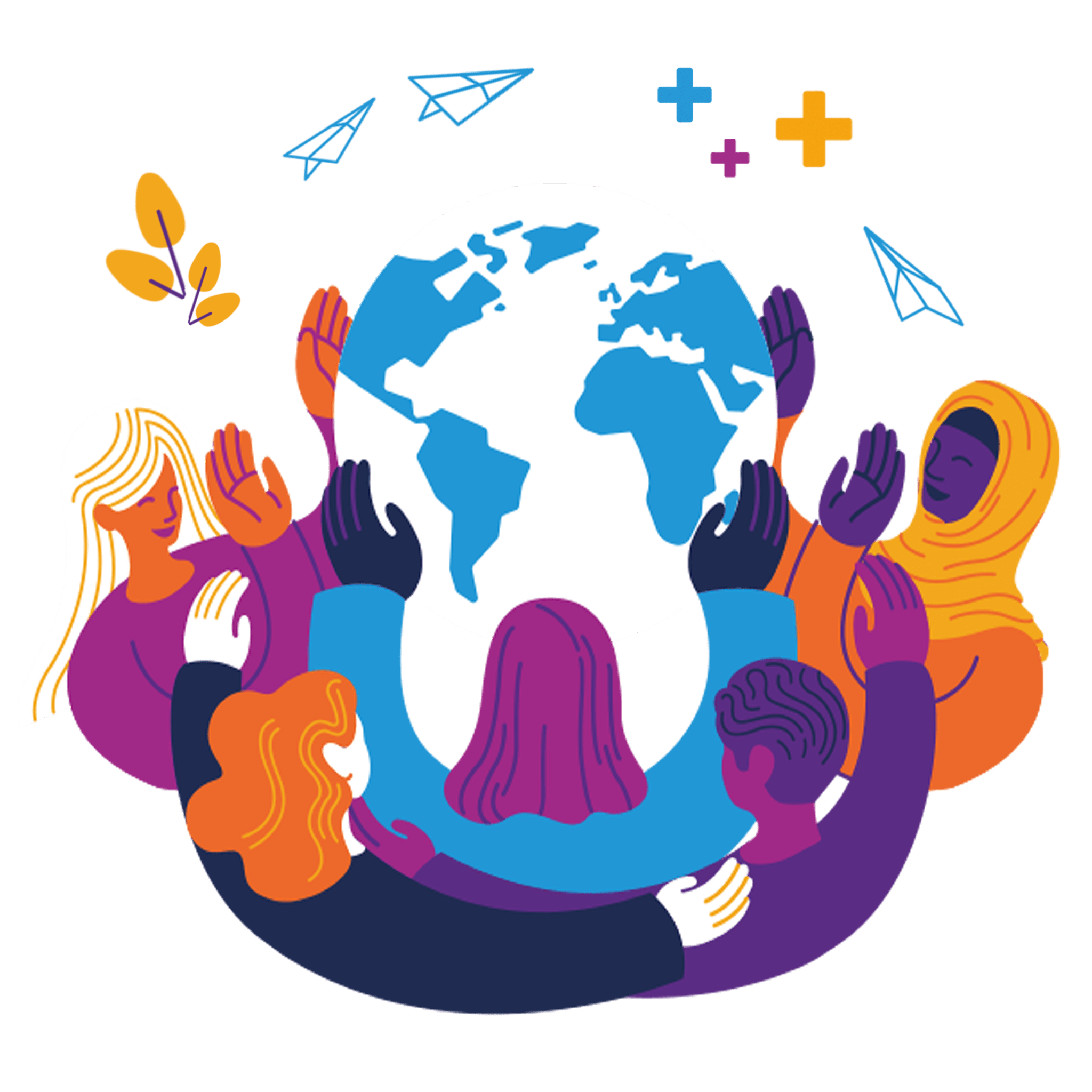 Icon illustrating people holding each other and supporting a world globe above their heads.