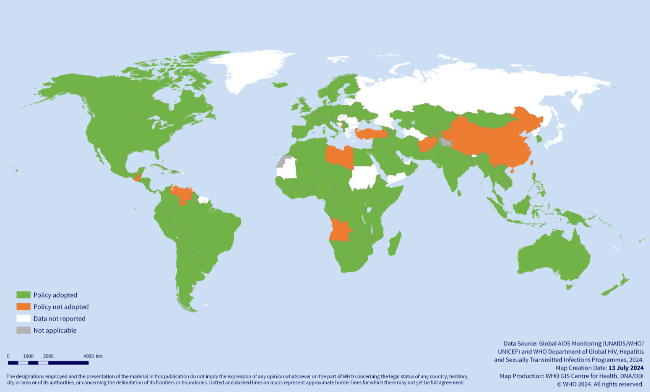 Adoption of WHO recommendations on oral pre- exposure prophylaxis (PrEP) in national guidelines, July 2024