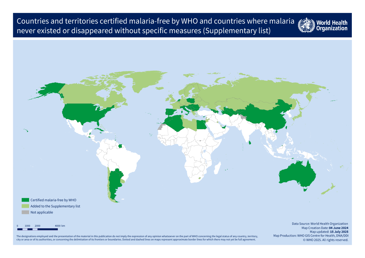 World map of malaria-free countries