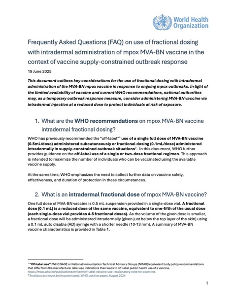 Frequently Asked Questions (FAQ) on use of fractional dosing with intradermal administration of mpox MVA-BN vaccine in the context of vaccine supply-constrained outbreak response