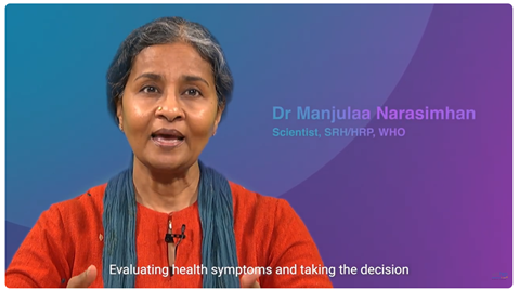 Dr Manjulaa Narasimhan of WHO in a red top, blue scarf, with a soft blue-purple backdrop.