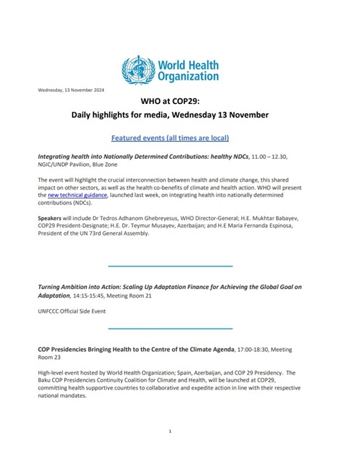 13 November - COP29 Health Highlights