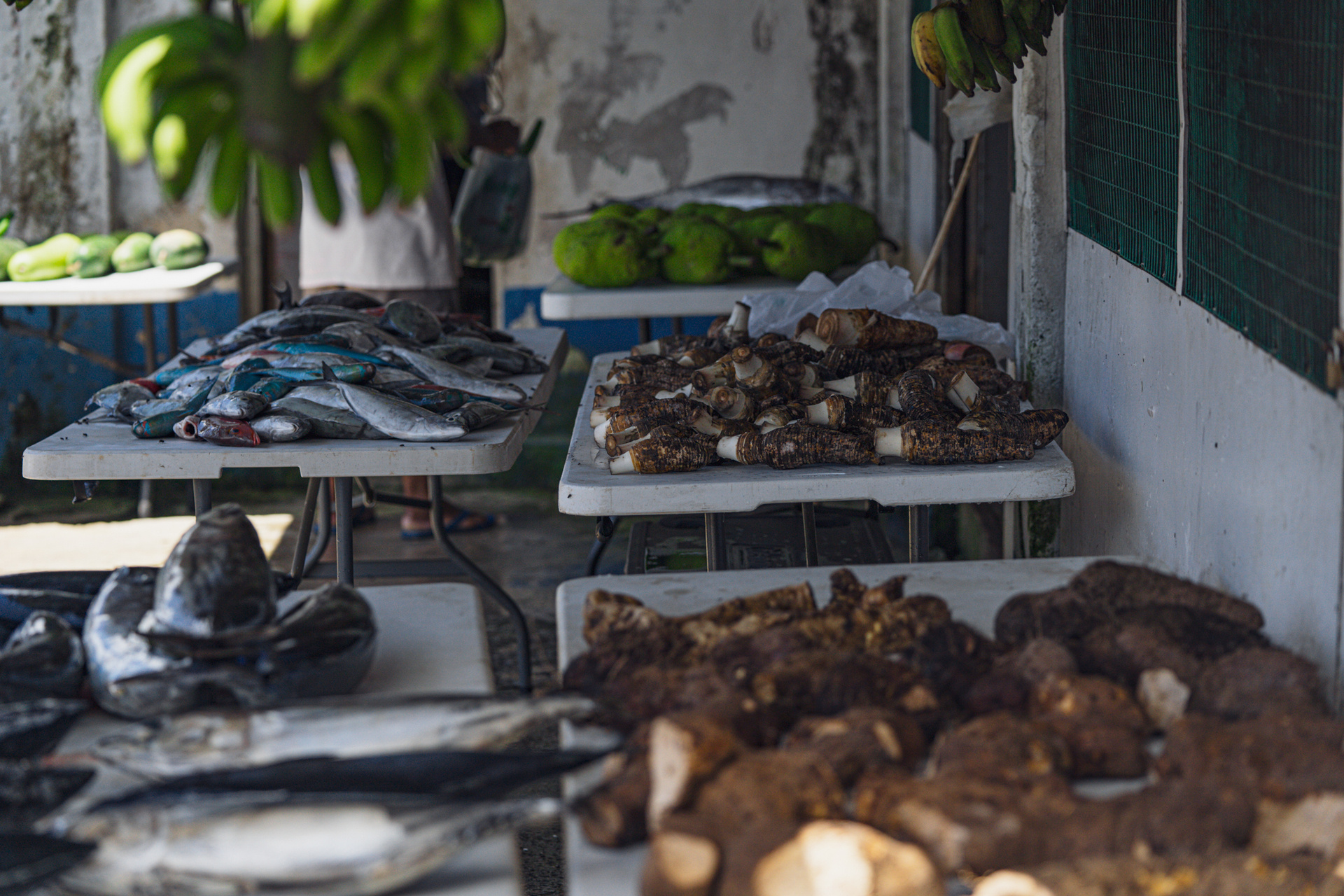 Local crops and seafood sold at a market