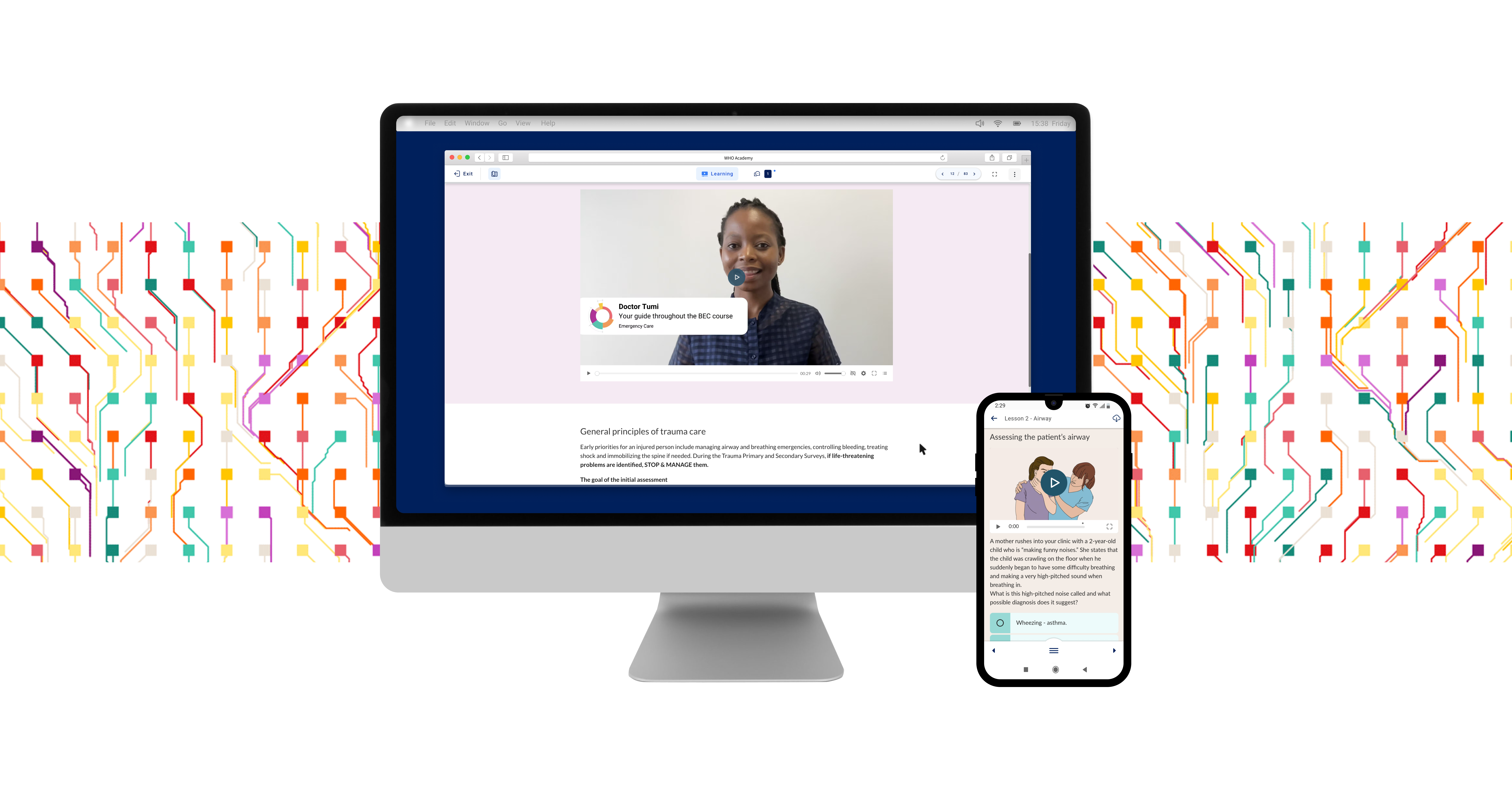 A screenshot from the WHO Academy's Basic Emergency Care online course shown on a desktop and mobile phone screen