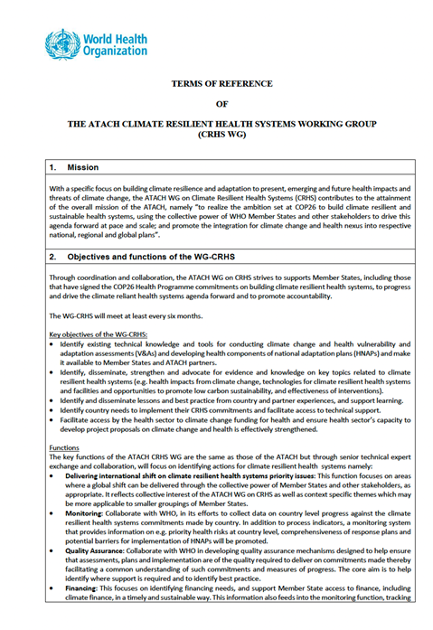 Terms of Reference of the ATACH Climate Resilient Health Systems Working Group (CRHS WG)