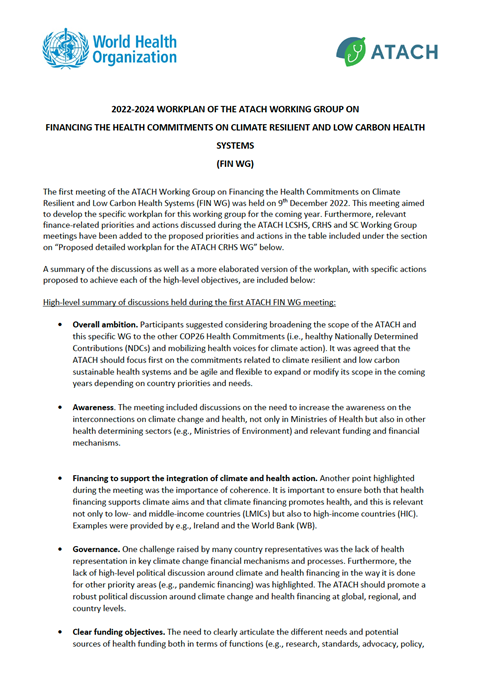 2022-2024 Workplan of the ATACH Working Group on Financing the Health Commitments on Climate Resilient and Low Carbon Health Systems (FIN WG)