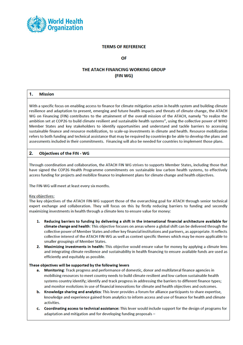 Terms of Reference of the ATACH Financing Working Group (FIN WG)