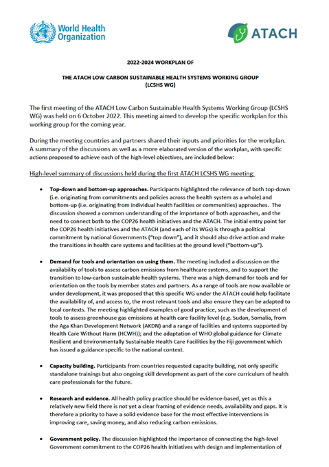 2022-2024 Workplan of the ATACH Low Carbon Sustainable Health Systems Working Group (LCSHS WG)