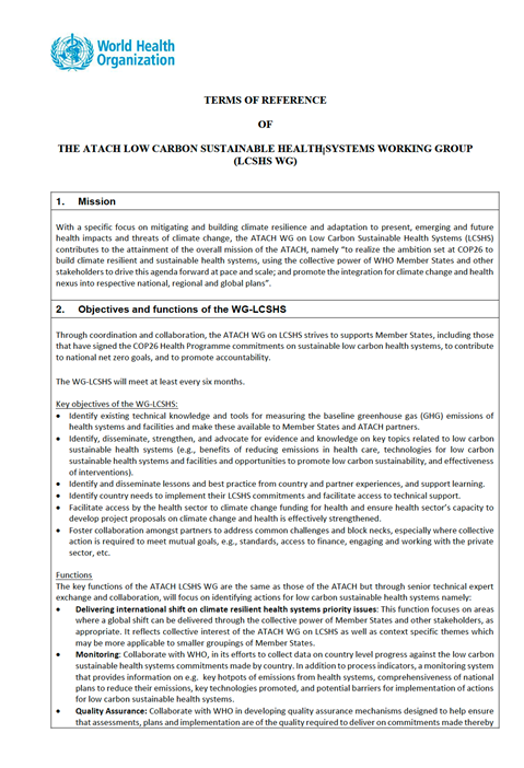 Terms of Reference of the ATACH Low Carbon Sustainable Health Systems Working Group (LCSHS WG)