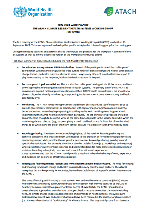 2022-2024 Workplan of the ATACH Climate Resilient Health Systems Working Group (CRHS WG)