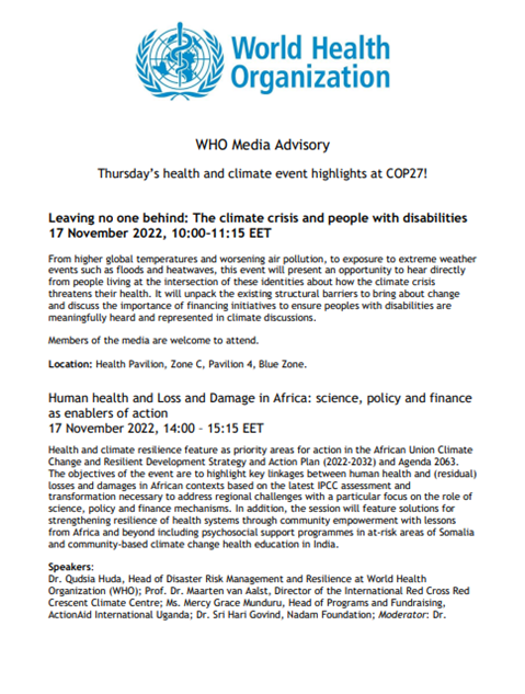 17 November - COP27 Health Highlights
