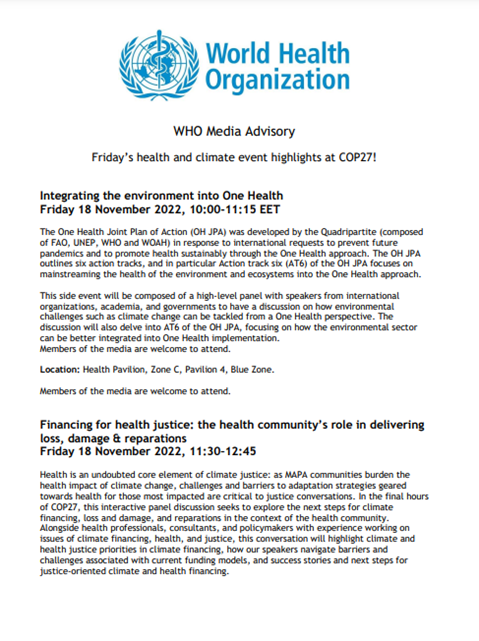 18 November - COP27 Health Highlights