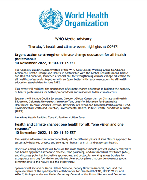 10 November - COP27 Health Highlights