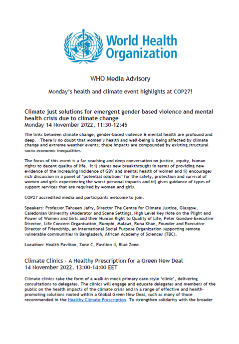 14 November - COP27 Health Highlights