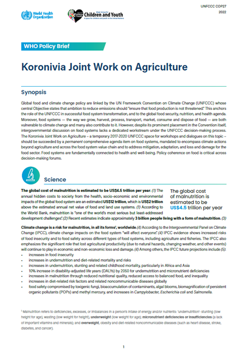 WHO Policy Brief: Koronivia Joint Work on Agriculture