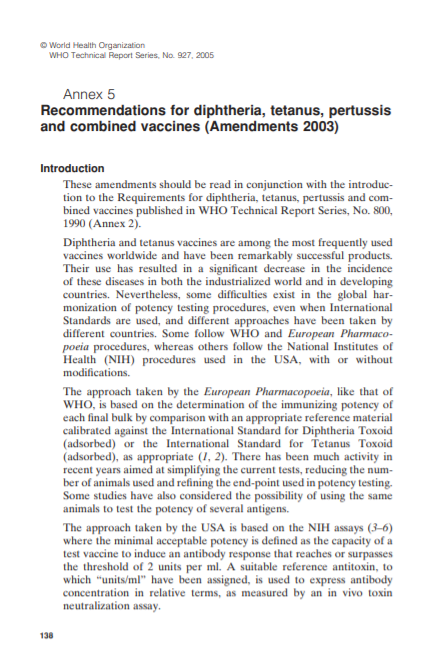 Recommendations for Diphtheria, tetanus, pertussis and combined vaccines, Annex 5, TRS No 927