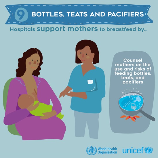 BFHI step 9 - Bottles, teats, pacifiers infographic