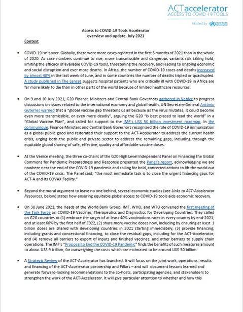 Access to COVID-19 Tools Accelerator overview and update, July 2021