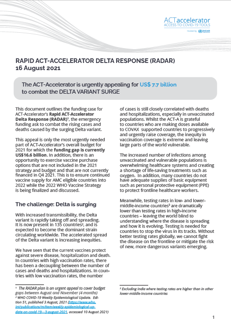 Rapid ACT-Accelerator Delta Response (RADAR) urgent appeal