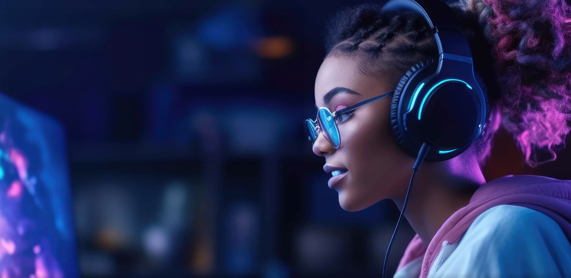 A person wearing headphones and looking away
