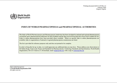 Index of World Pharmacopoeias and Pharmacopoeial authorities