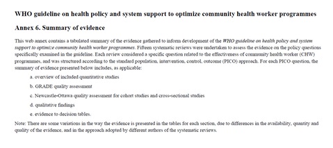 Web annex: WHO guideline on health policy and system support to optimize community health worker programmes