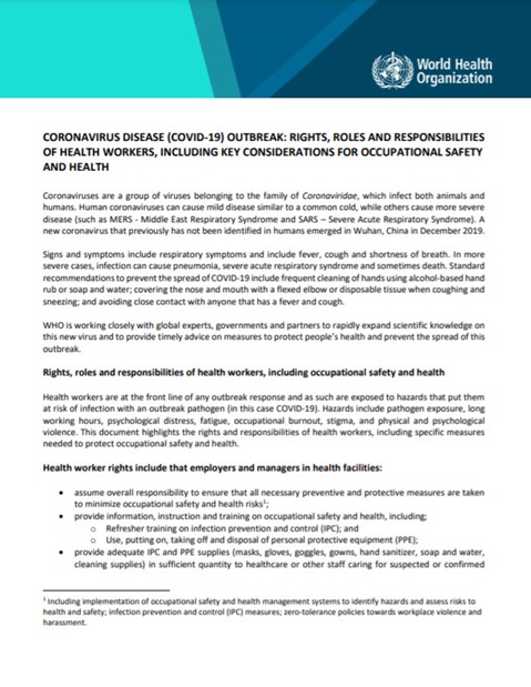 Coronavirus disease outbreak: Rights, roles and responsibilities of health workers, including key considerations for occupational safety and health