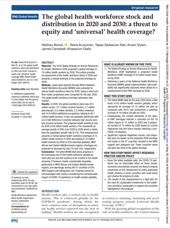 The global health workforce stock and distribution in 2020 and 2030: a threat to equity and ‘universal’ health coverage?