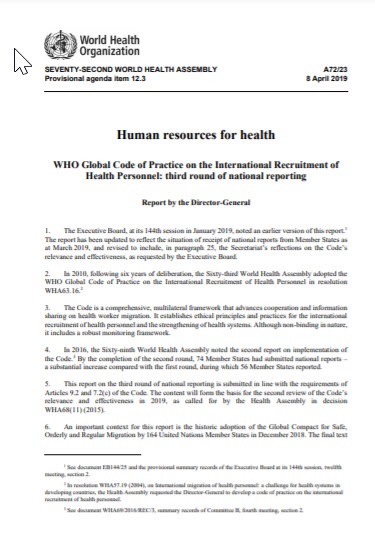 Third round of national reporting: WHO Global Code of Practice on the International Recruitment of Health Personnel
