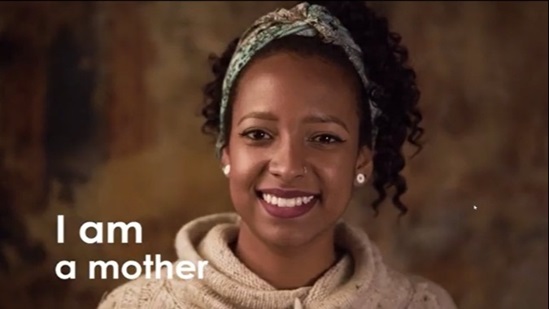 Image of a smiling woman overlaid with "I am a mother" Fair share for health and care video screen