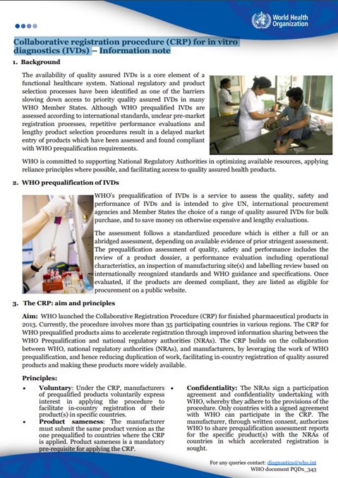 Collaborative registration procedure (CRP) for in vitrodiagnostics (IVDs) – Information note