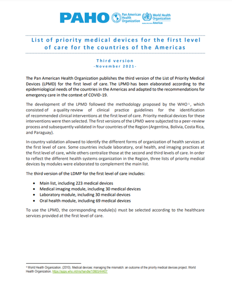 List of priority medical devices for the first level of care for the countries of the Americas. Third version, November 2021