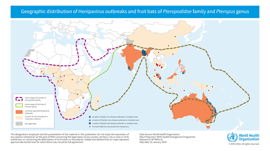 Map of geographic distribution of Henipavirus outbreaks and fruit bats of Pteropodidae Family