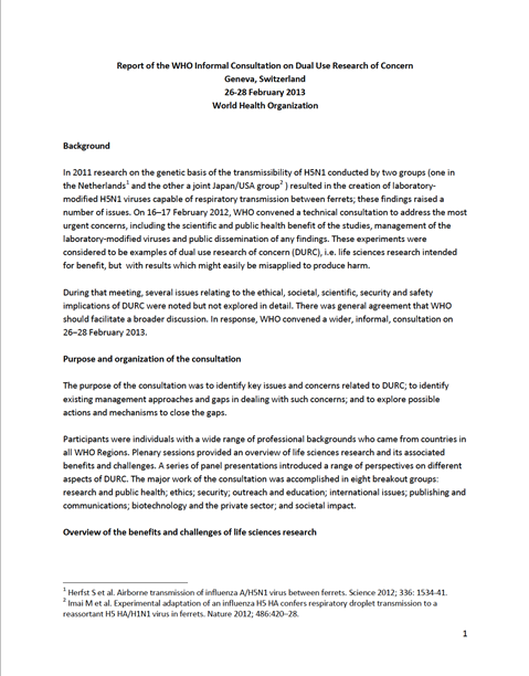 Report of the WHO Informal Consultation on Dual Use Research of Concern