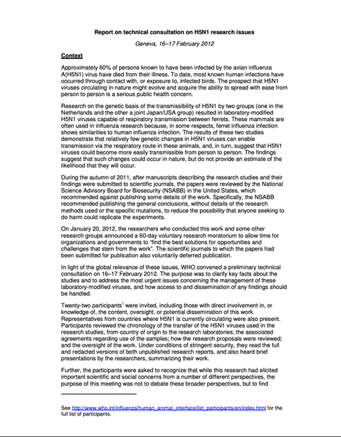 Report on technical consultation on H5N1 research issues