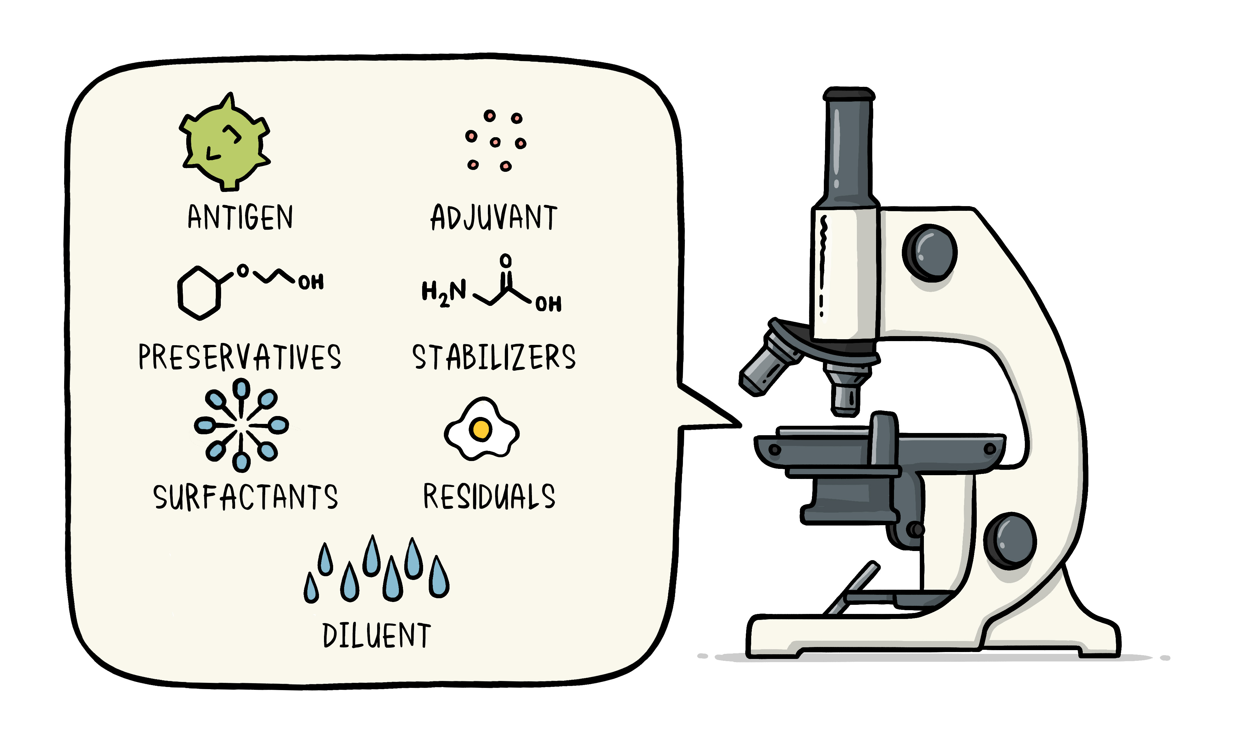 Vaccine Ingredients: Antigen, Adjuvant, Preservatives, Stabilizers, Surfactants, Residuals, Diluent.