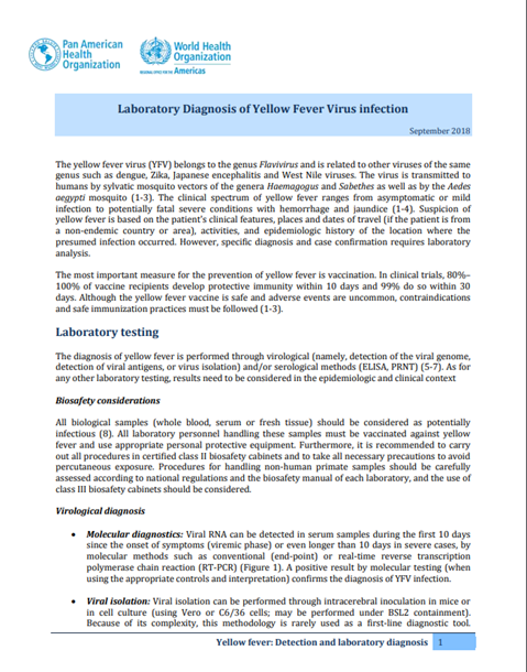Laboratory diagnosis of yellow fever virus infection