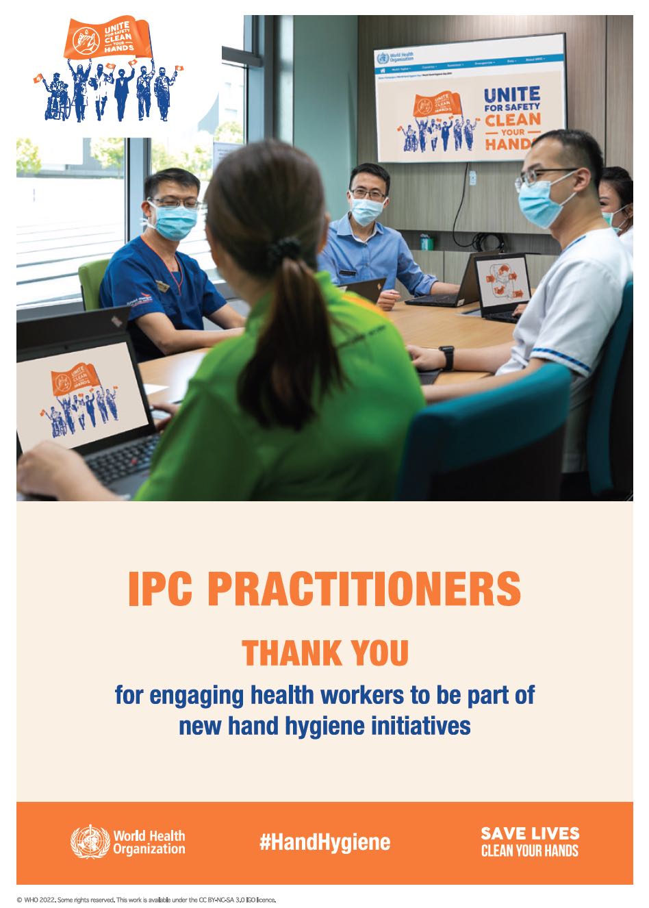 World hand hygiene day 2022 call to action poster for IPC practitioners for engaging health workers to be part of new hand hygiene initiatives.