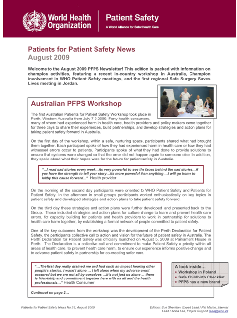 Patients For Patient Safety Newsletter - August 2009